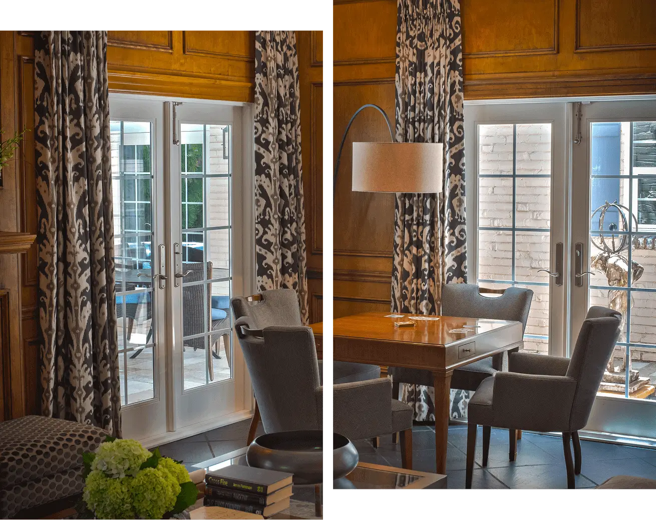 A room with two windows and a table